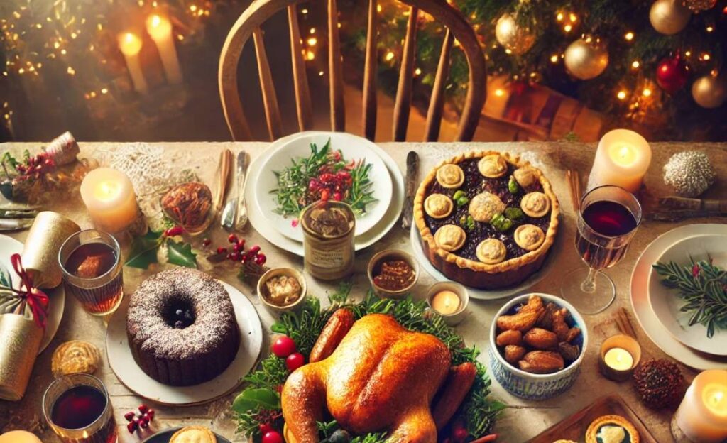 Table filled with festive Christmas foods and treats