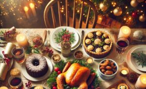 Table filled with festive Christmas foods and treats