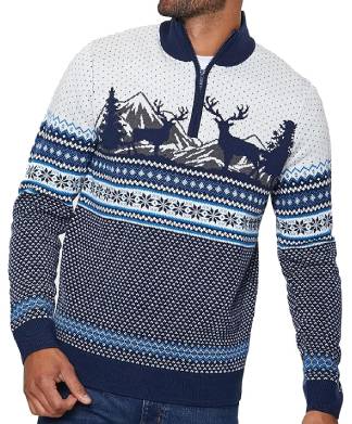 Mens Classy White Navy Zip Christmas Jumper