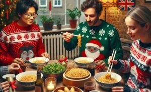 Friends eating chinese food at Christmas table