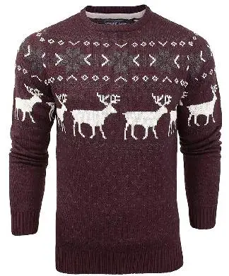 James Darby Mens Burgundy Nordic Stag Jumper