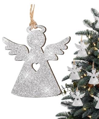 12pc Wood Hanging Silver Glitter Christmas Angel Baubles